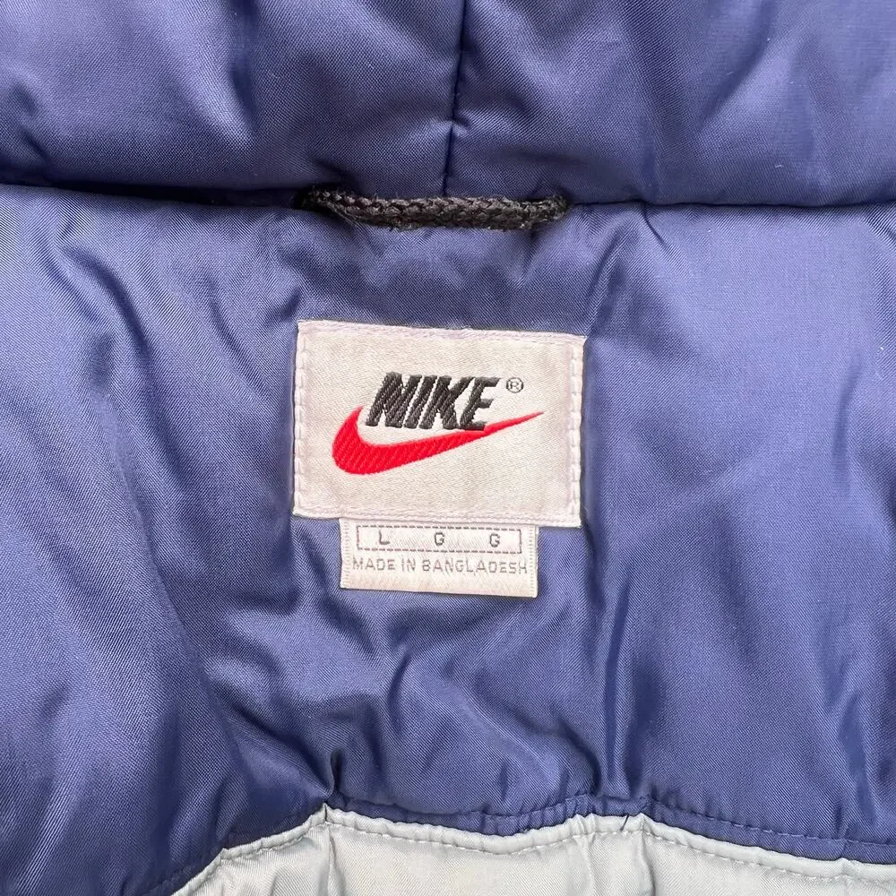 Vintage Nike Swoosh Split Hooded Long Puffer Jacket Parka Coat Green Navy L 90s